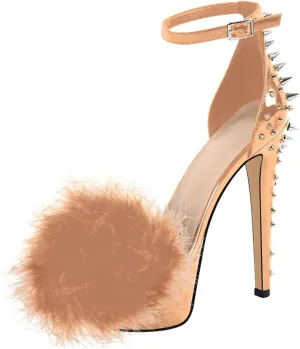 Women's Furry Rivet Sandals - Peep Toe Stiletto Evening Platforms