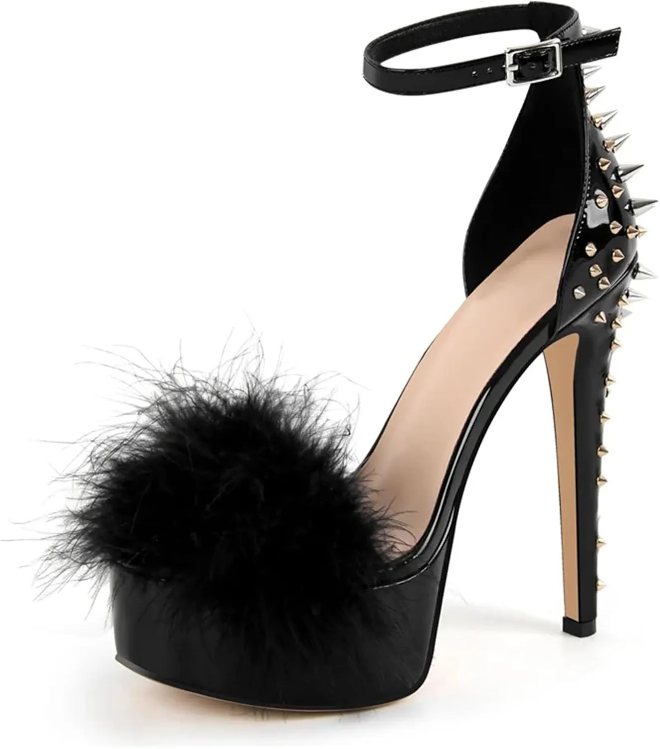 Women's Furry Rivet Sandals - Peep Toe Stiletto Evening Platforms