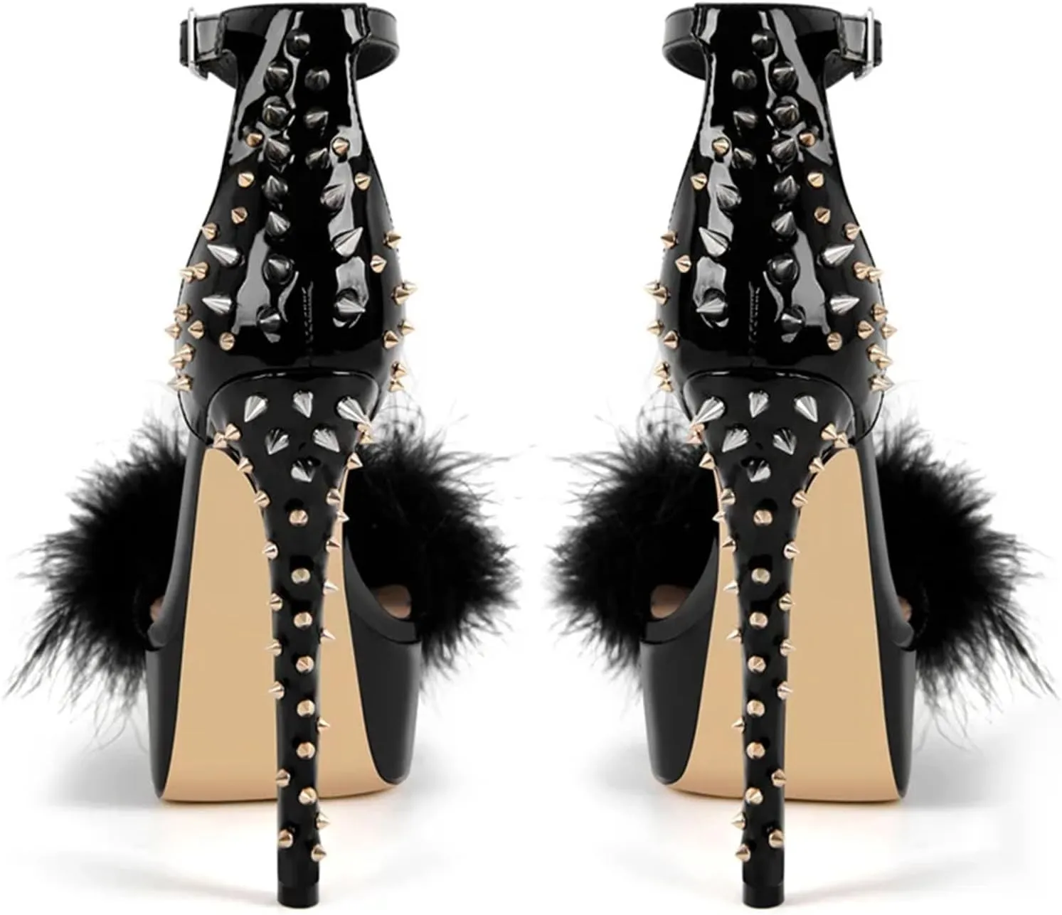 Women's Furry Rivet Sandals - Peep Toe Stiletto Evening Platforms