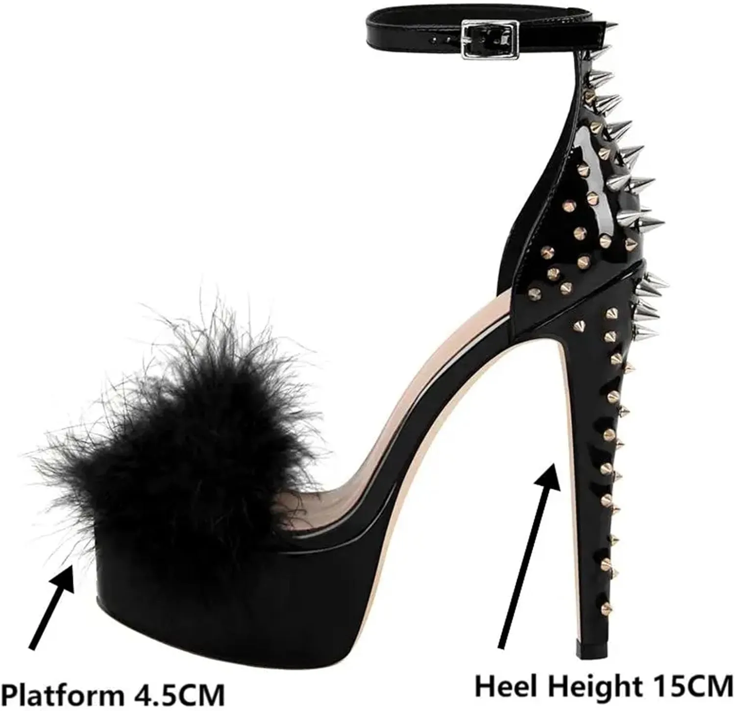 Women's Furry Rivet Sandals - Peep Toe Stiletto Evening Platforms
