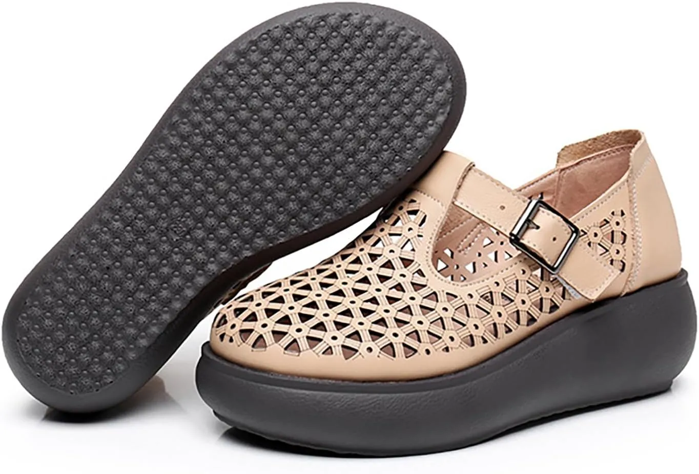 Women's Genuine Leather Hollow Out Orthotic Platform Mary Jane Sneakers Adjustable Hook and Loop T-Strap Casual Breathable Comfortable Chunky Wedge Arch Support Walking Shoes