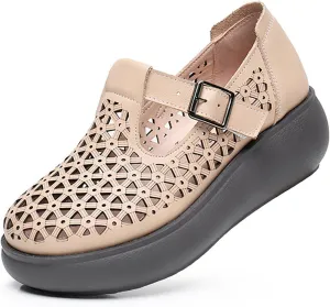 Women's Genuine Leather Hollow Out Orthotic Platform Mary Jane Sneakers Adjustable Hook and Loop T-Strap Casual Breathable Comfortable Chunky Wedge Arch Support Walking Shoes