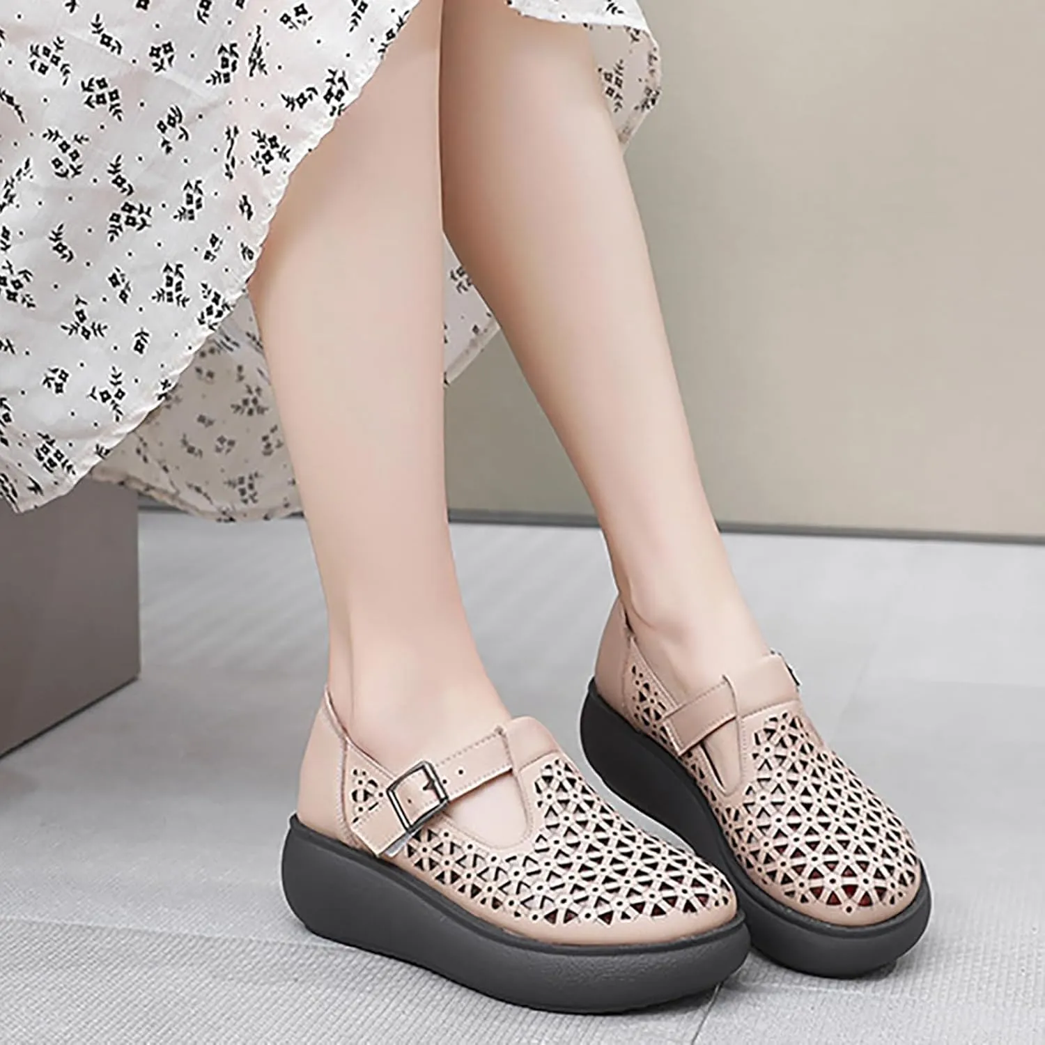 Women's Genuine Leather Hollow Out Orthotic Platform Mary Jane Sneakers Adjustable Hook and Loop T-Strap Casual Breathable Comfortable Chunky Wedge Arch Support Walking Shoes