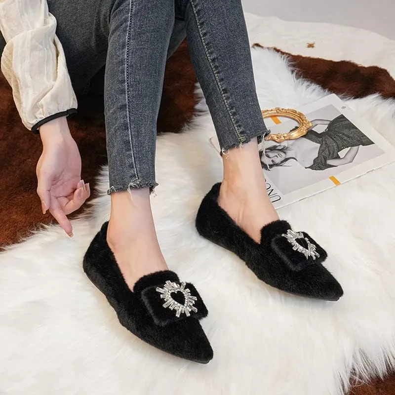 Women's Glitter Rhinestone Wedding Flats Winter Fur Dress Shoes Pointed Toe Ballet Flats