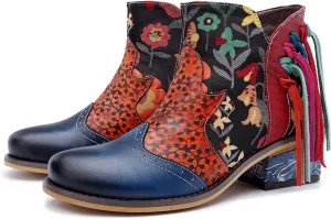 Women's Handmade Retro Lambskin High Heel Boots, Colorful Painting, Metallic Style - Fashion, Comfortable, Durable, Unique Minority Style