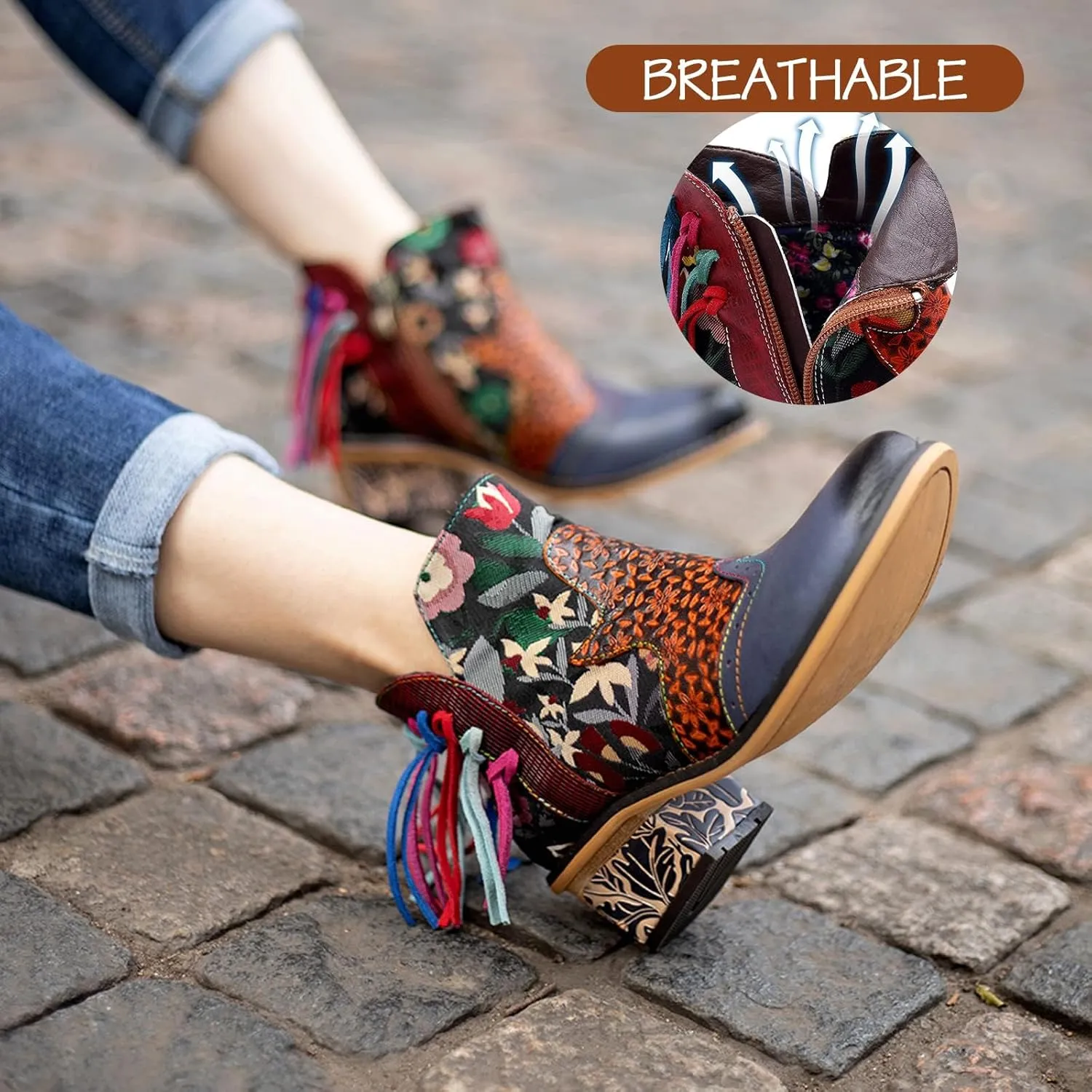 Women's Handmade Retro Lambskin High Heel Boots, Colorful Painting, Metallic Style - Fashion, Comfortable, Durable, Unique Minority Style