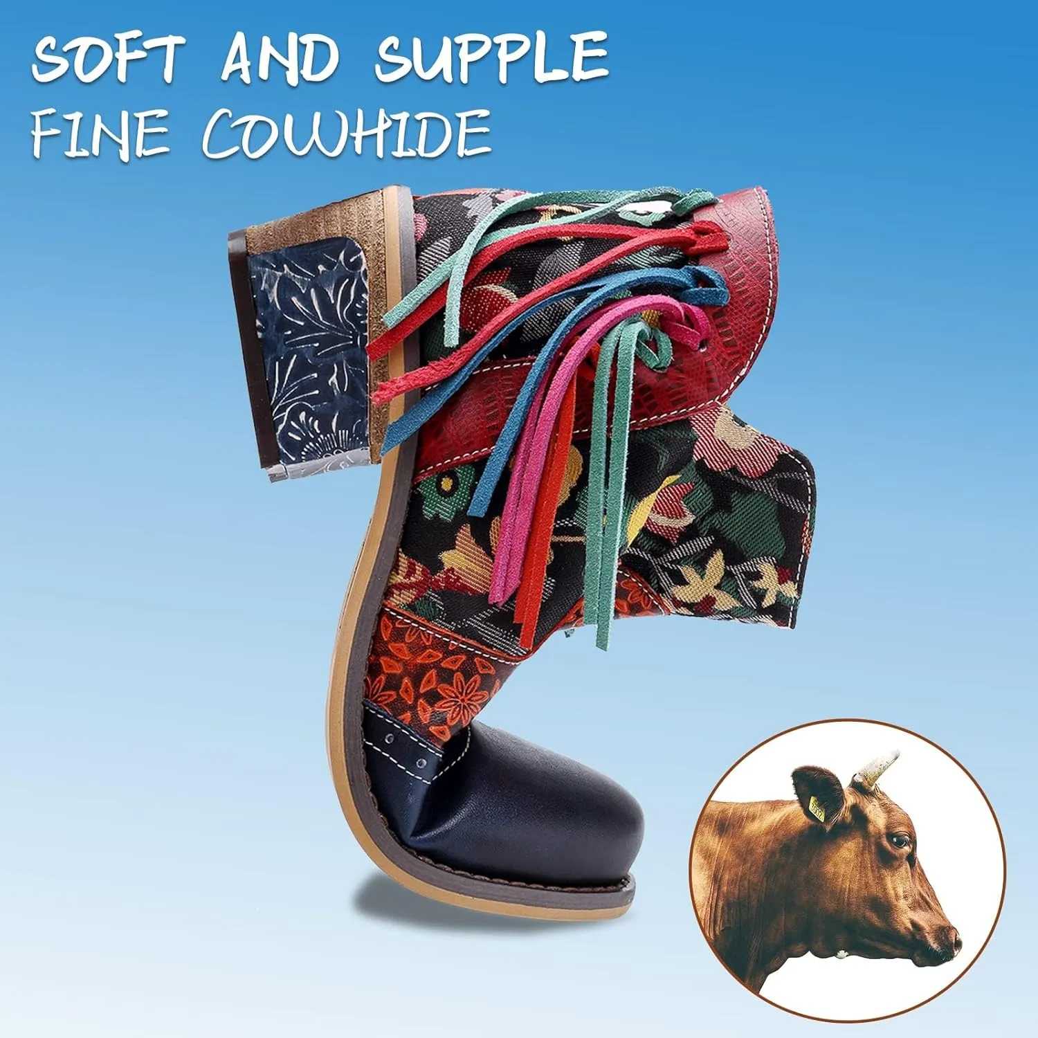 Women's Handmade Retro Lambskin High Heel Boots, Colorful Painting, Metallic Style - Fashion, Comfortable, Durable, Unique Minority Style