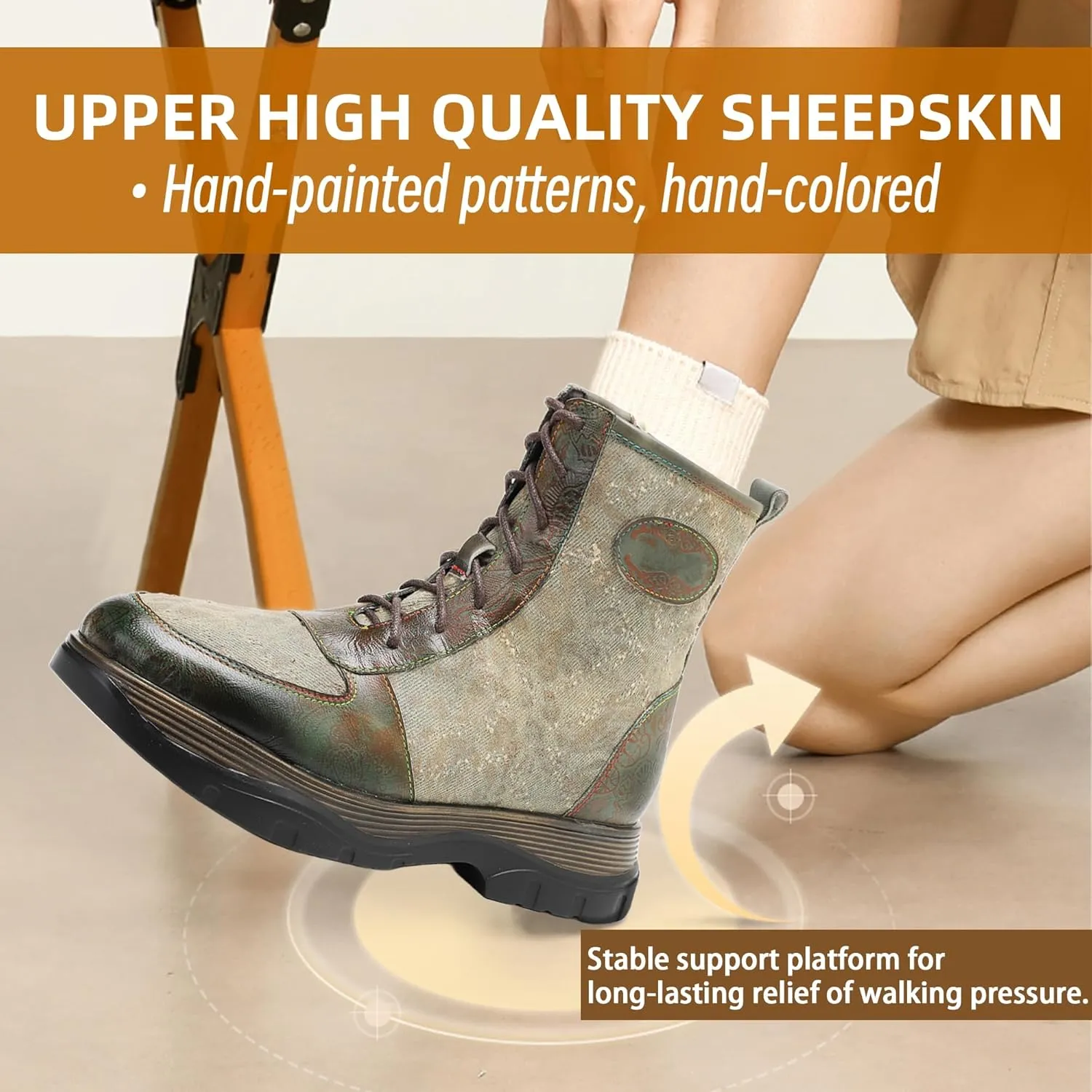 Women's Handmade Retro Lambskin High Heel Boots, Colorful Painting, Metallic Style - Fashion, Comfortable, Durable, Unique Minority Style