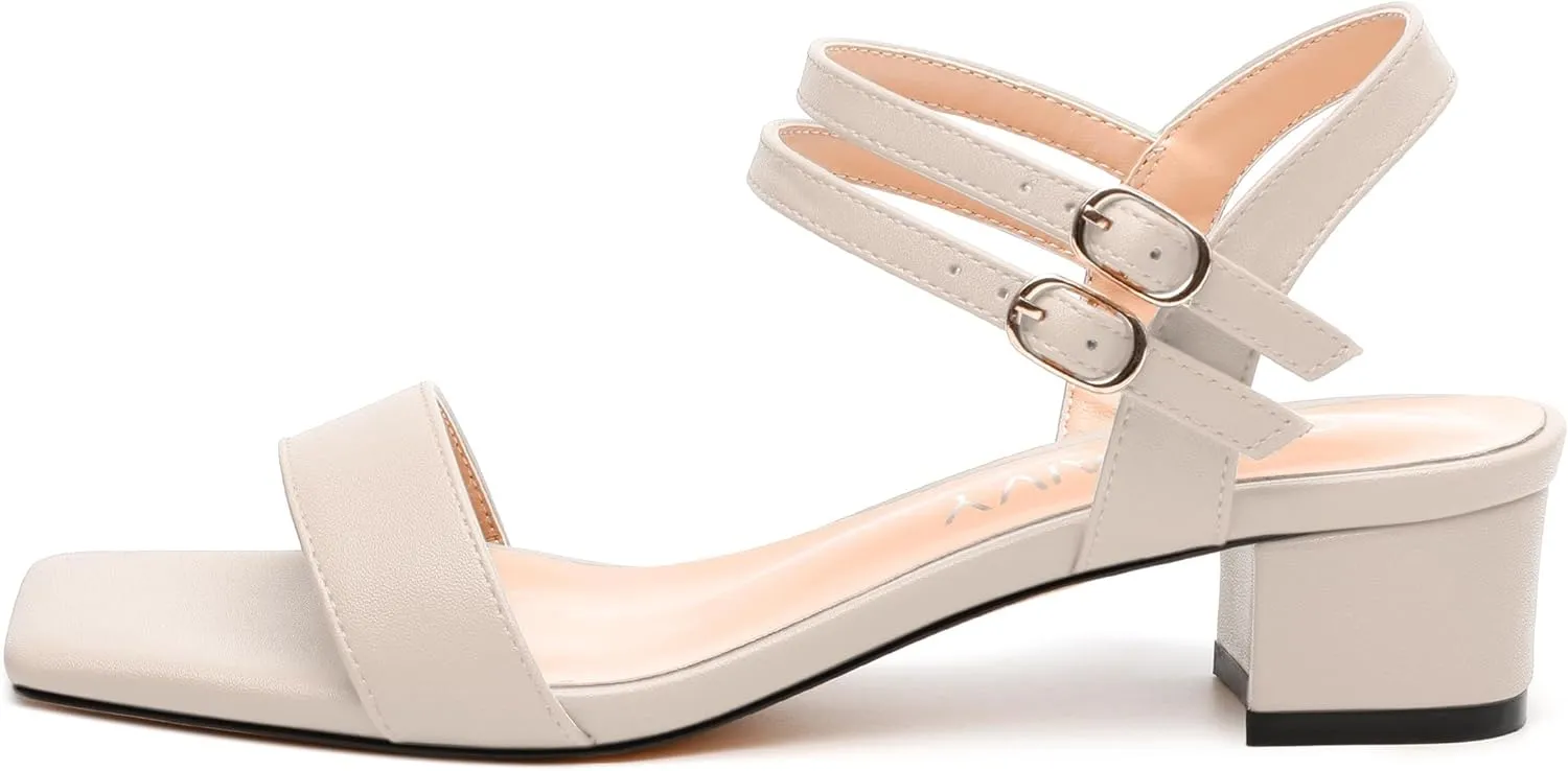 Women's Heeled Sandals, Open Square Toe Chunky Heels, Ankle Strap with Buckle Fashion Solid Color Casual Sandals for Daily Wear