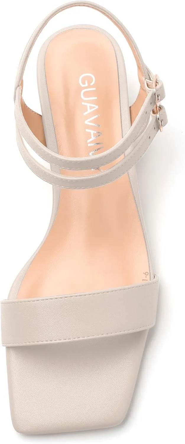 Women's Heeled Sandals, Open Square Toe Chunky Heels, Ankle Strap with Buckle Fashion Solid Color Casual Sandals for Daily Wear