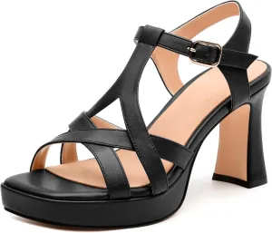 Womens Heeled Sandals, Square Open Toe Small Chunky Heel Platform Sandals for Women, Leather Insole T-strap Daily Comfort Dressy Sandals 3.3"