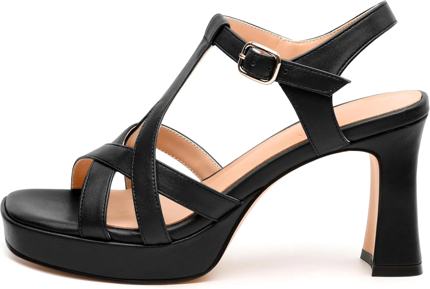 Womens Heeled Sandals, Square Open Toe Small Chunky Heel Platform Sandals for Women, Leather Insole T-strap Daily Comfort Dressy Sandals 3.3"