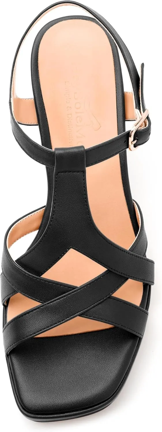 Womens Heeled Sandals, Square Open Toe Small Chunky Heel Platform Sandals for Women, Leather Insole T-strap Daily Comfort Dressy Sandals 3.3"