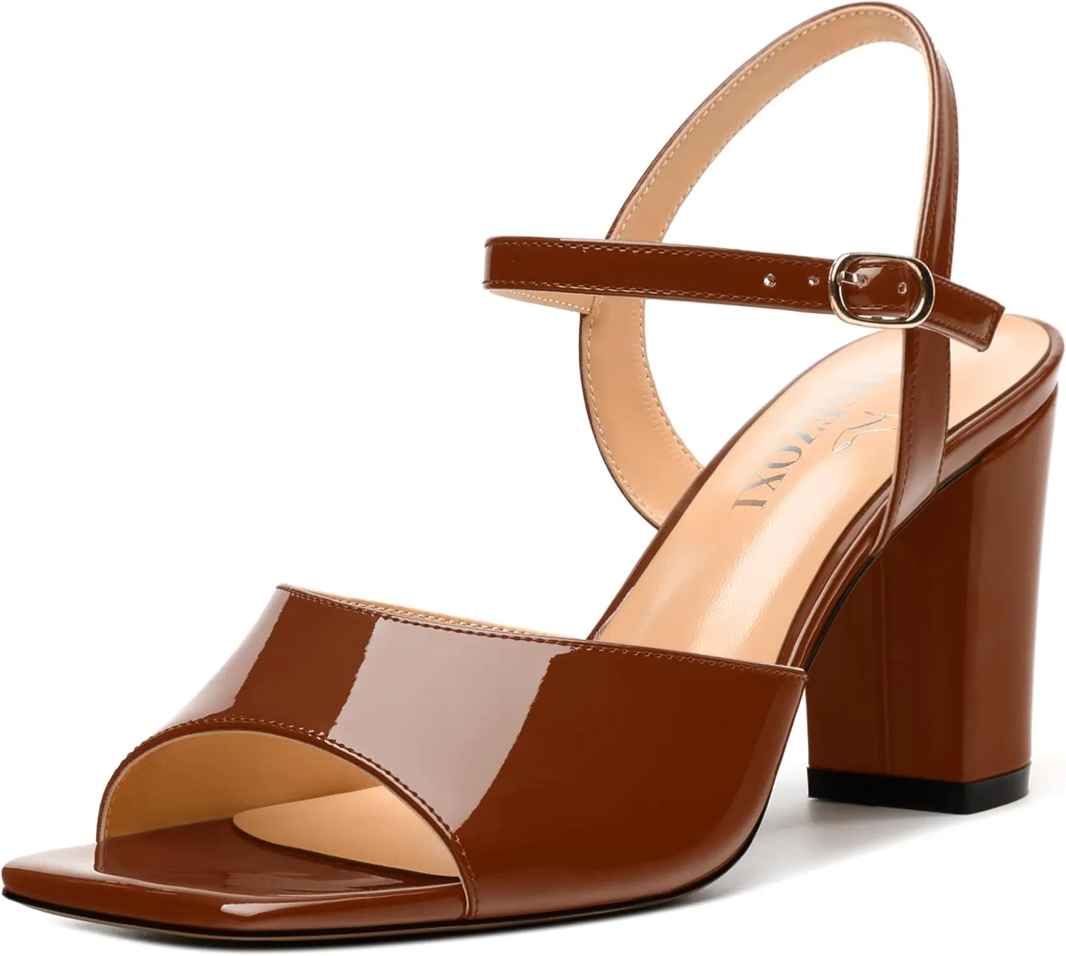 Womens Heeled Sandals Square Toe Ankle Strap Sandals High Block Chunky Heels Party Wedding Dress Slingback Sandals 3.3