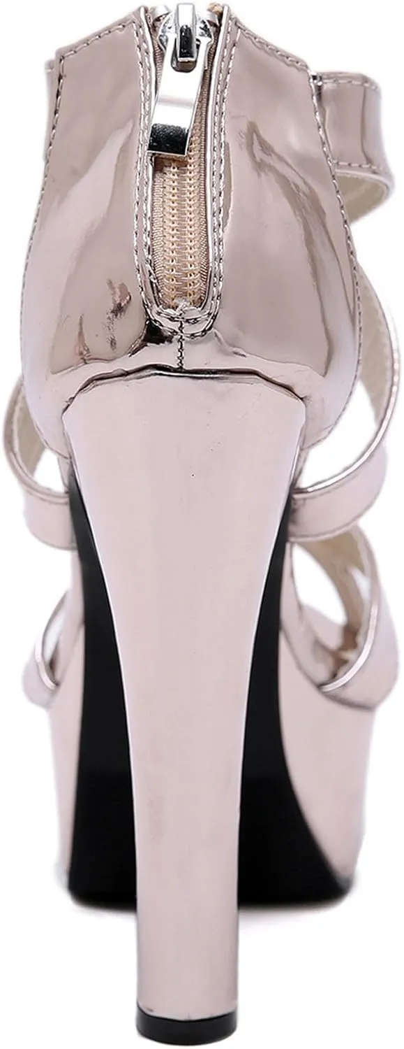 Womens High Heels Platform Sandals Peep Toe Chunky Heeled Strappy Sandals with Back Zip
