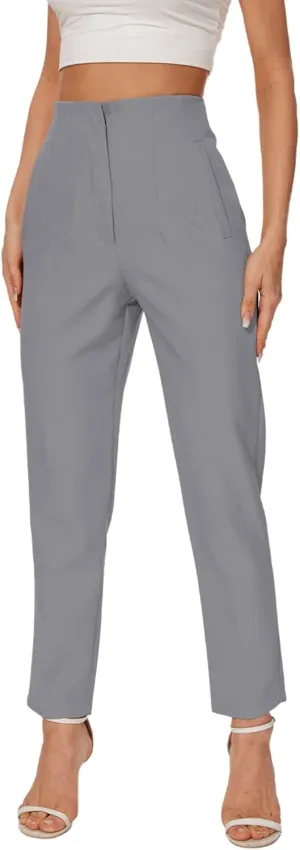 Women's High Waisted Pants - Straight Leg Dress Trousers with Pockets and Seam Design for Business Office Casual