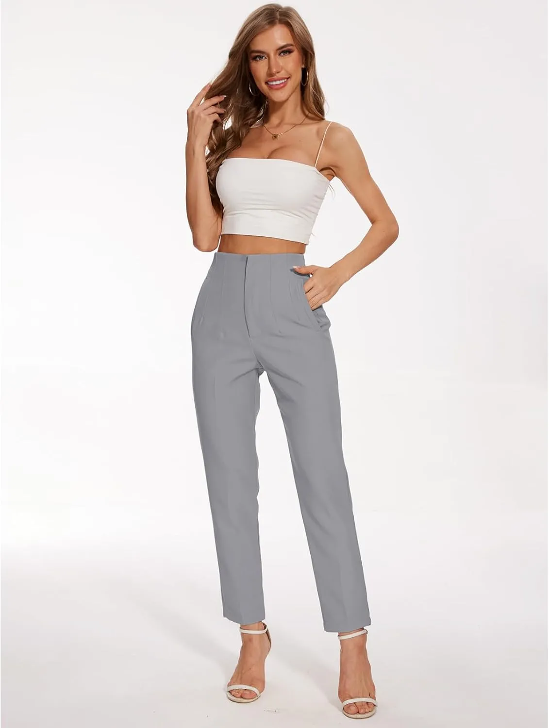 Women's High Waisted Pants - Straight Leg Dress Trousers with Pockets and Seam Design for Business Office Casual