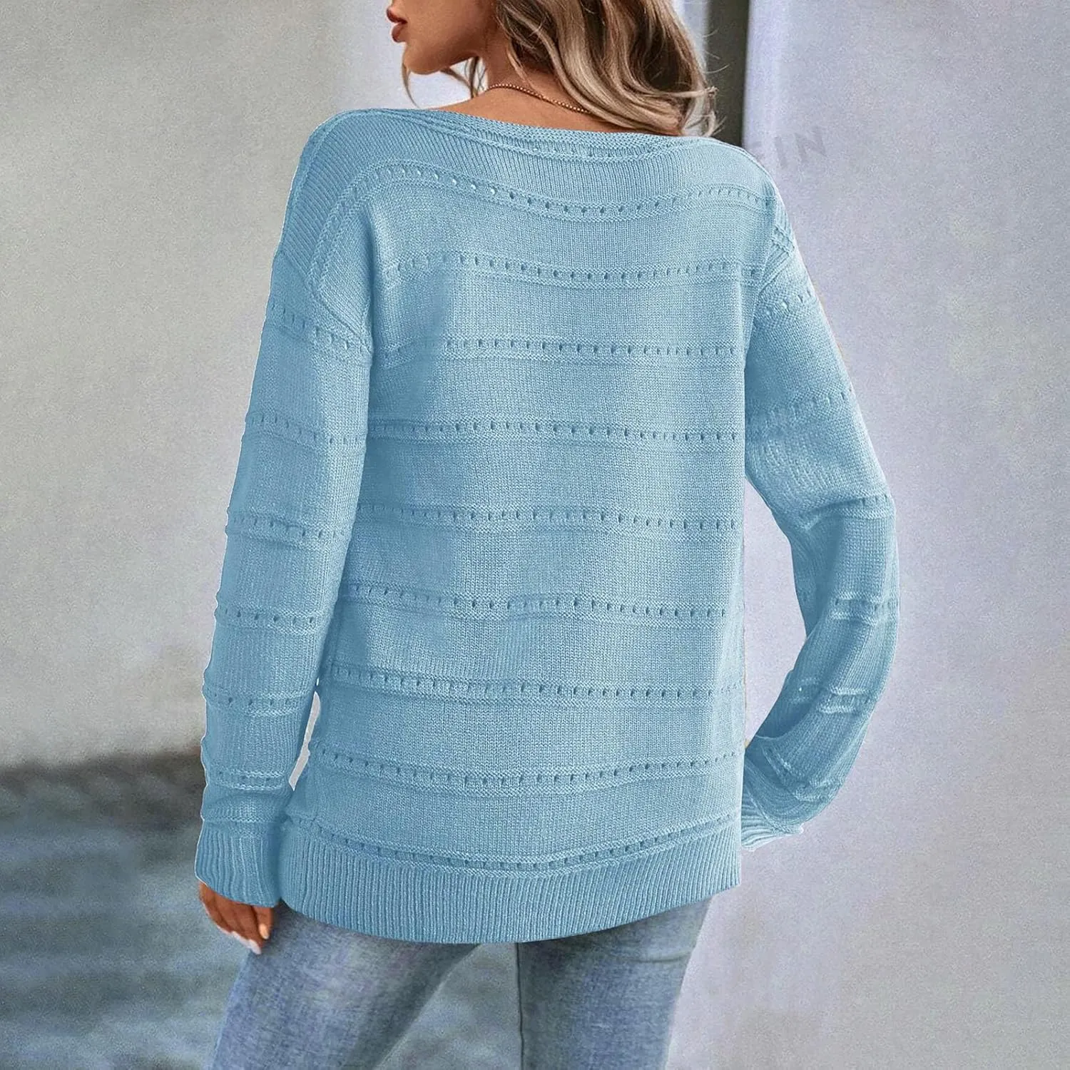 Women's Hollow Out Knitted Sweater Boat Neck Long Sleeve Pullover Top Crochet Solid Color Casual Loose Fit Sweaters