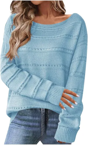 Women's Hollow Out Knitted Sweater Boat Neck Long Sleeve Pullover Top Crochet Solid Color Casual Loose Fit Sweaters