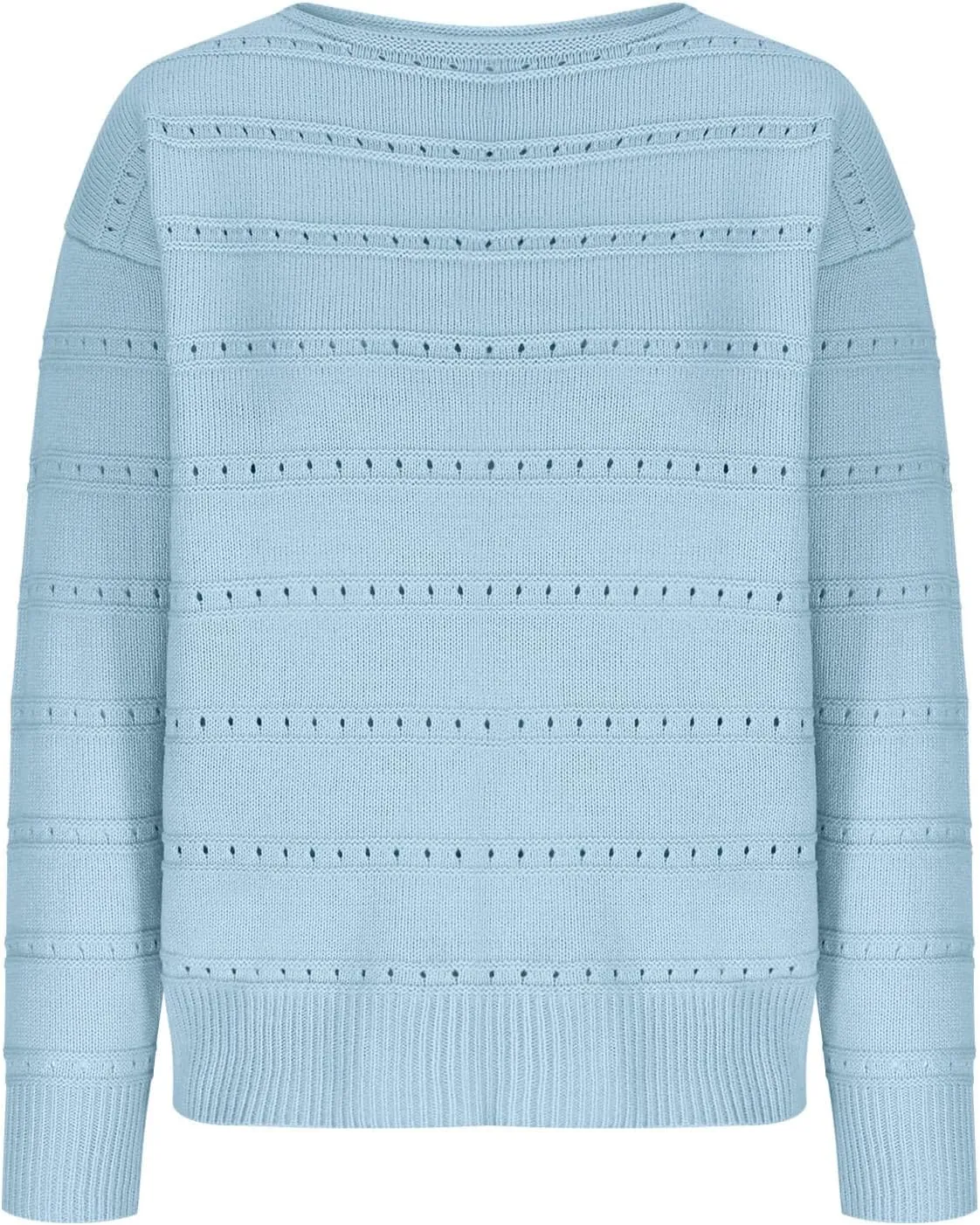 Women's Hollow Out Knitted Sweater Boat Neck Long Sleeve Pullover Top Crochet Solid Color Casual Loose Fit Sweaters