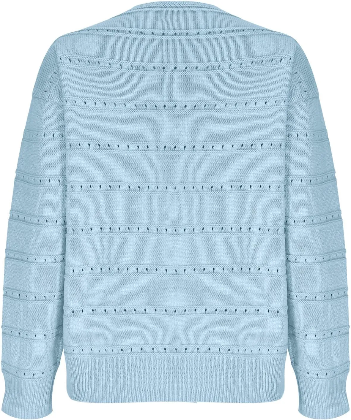 Women's Hollow Out Knitted Sweater Boat Neck Long Sleeve Pullover Top Crochet Solid Color Casual Loose Fit Sweaters