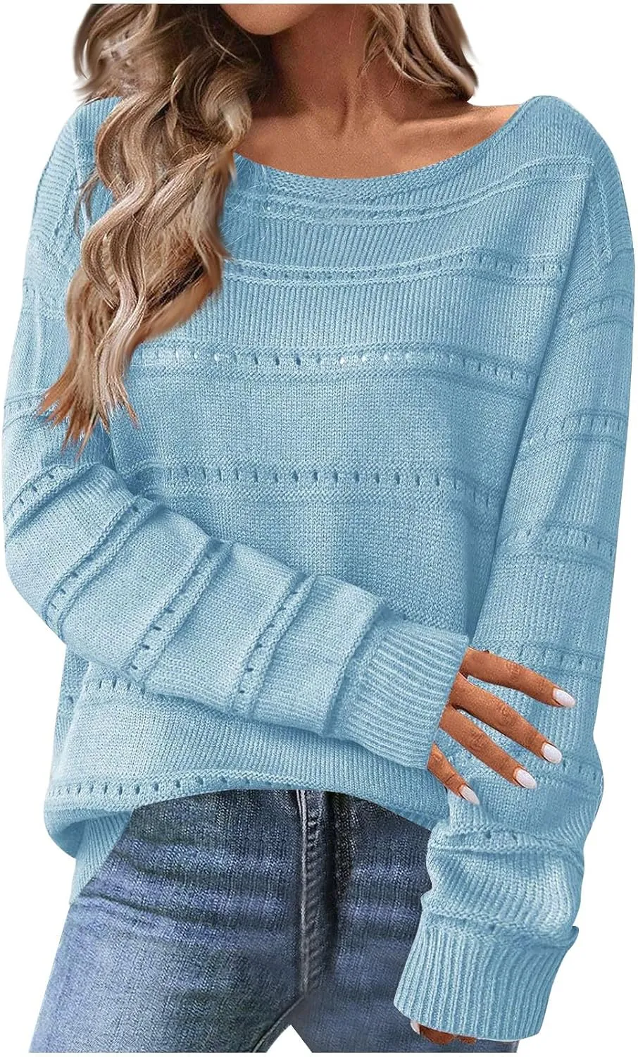 Women's Hollow Out Knitted Sweater Boat Neck Long Sleeve Pullover Top Crochet Solid Color Casual Loose Fit Sweaters