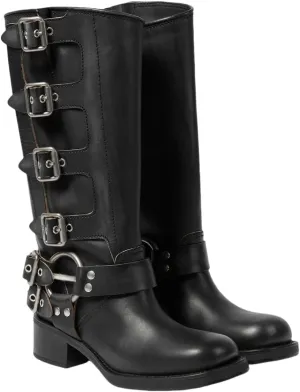 Women's Knee High Adjustable Riding Boots Muti Buckle Strap Square Toe Wedge Boots For Women Motorcycle Punk Pull On Boots
