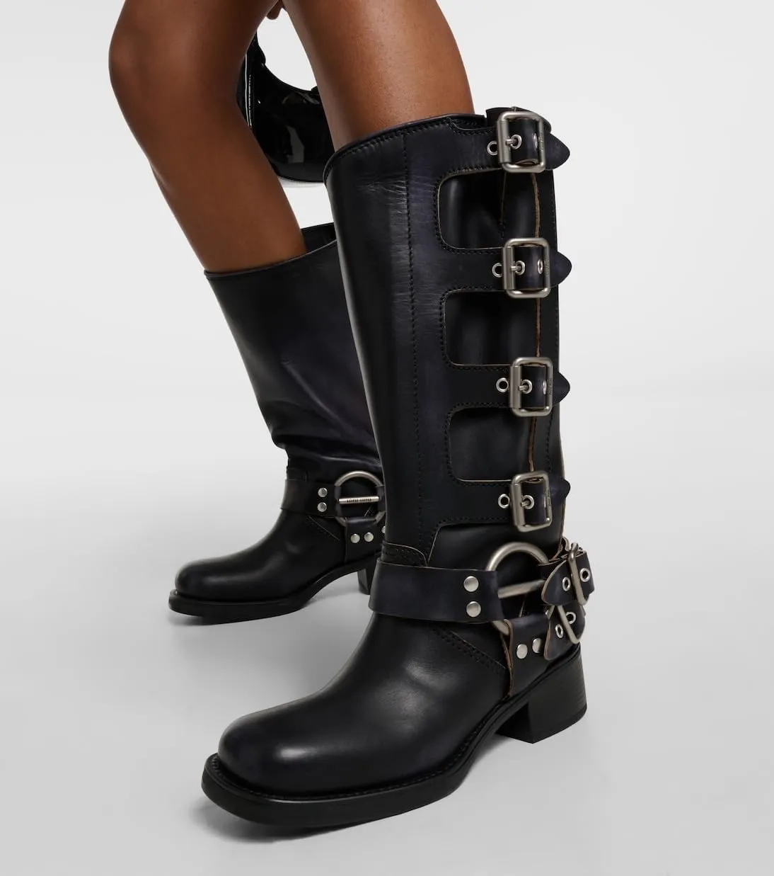 Women's Knee High Adjustable Riding Boots Muti Buckle Strap Square Toe Wedge Boots For Women Motorcycle Punk Pull On Boots