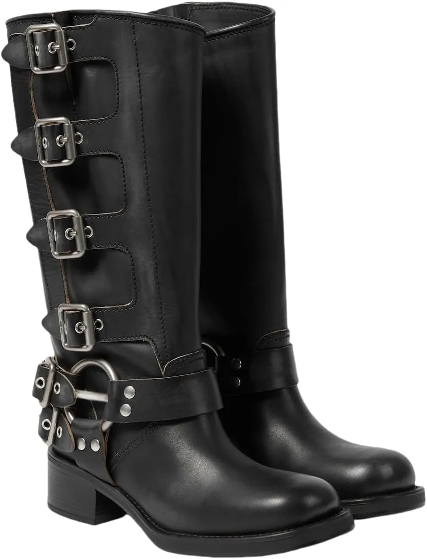 Women's Knee High Adjustable Riding Boots Muti Buckle Strap Square Toe Wedge Boots For Women Motorcycle Punk Pull On Boots