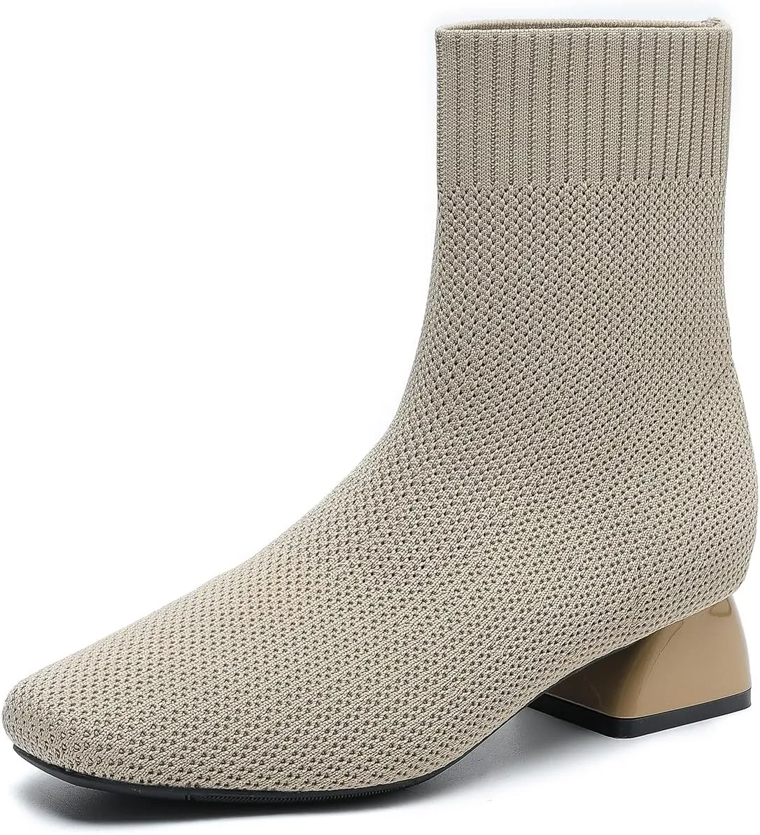 Women's Knit Chunky Block Heel Ankle Boots Fashion Square Toe Elastic Fabric Low Heel Slip On Casual Boots Comfort Breathable Dress Sock Booties