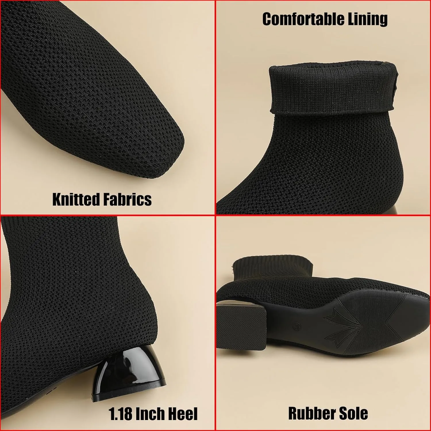 Women's Knit Chunky Block Heel Ankle Boots Fashion Square Toe Elastic Fabric Low Heel Slip On Casual Boots Comfort Breathable Dress Sock Booties