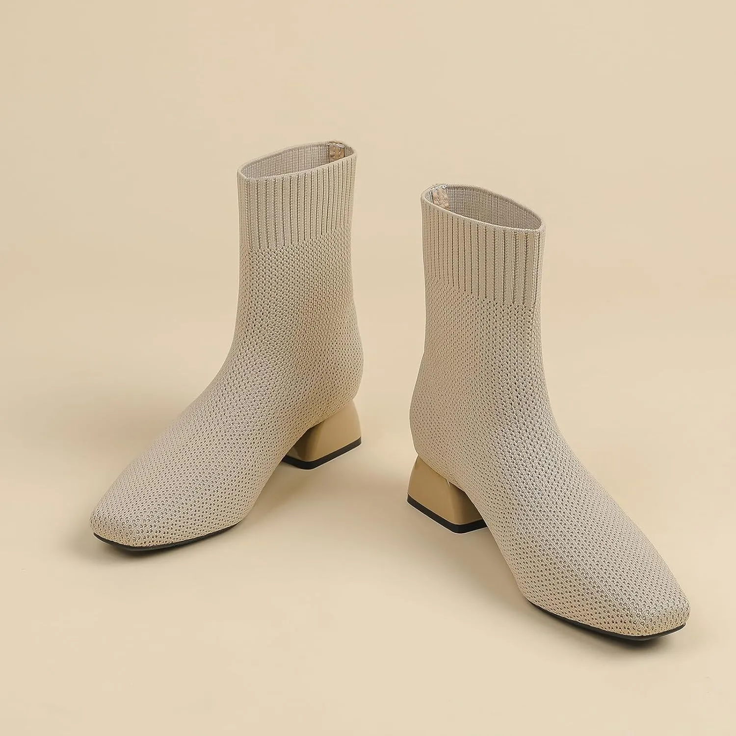 Women's Knit Chunky Block Heel Ankle Boots Fashion Square Toe Elastic Fabric Low Heel Slip On Casual Boots Comfort Breathable Dress Sock Booties