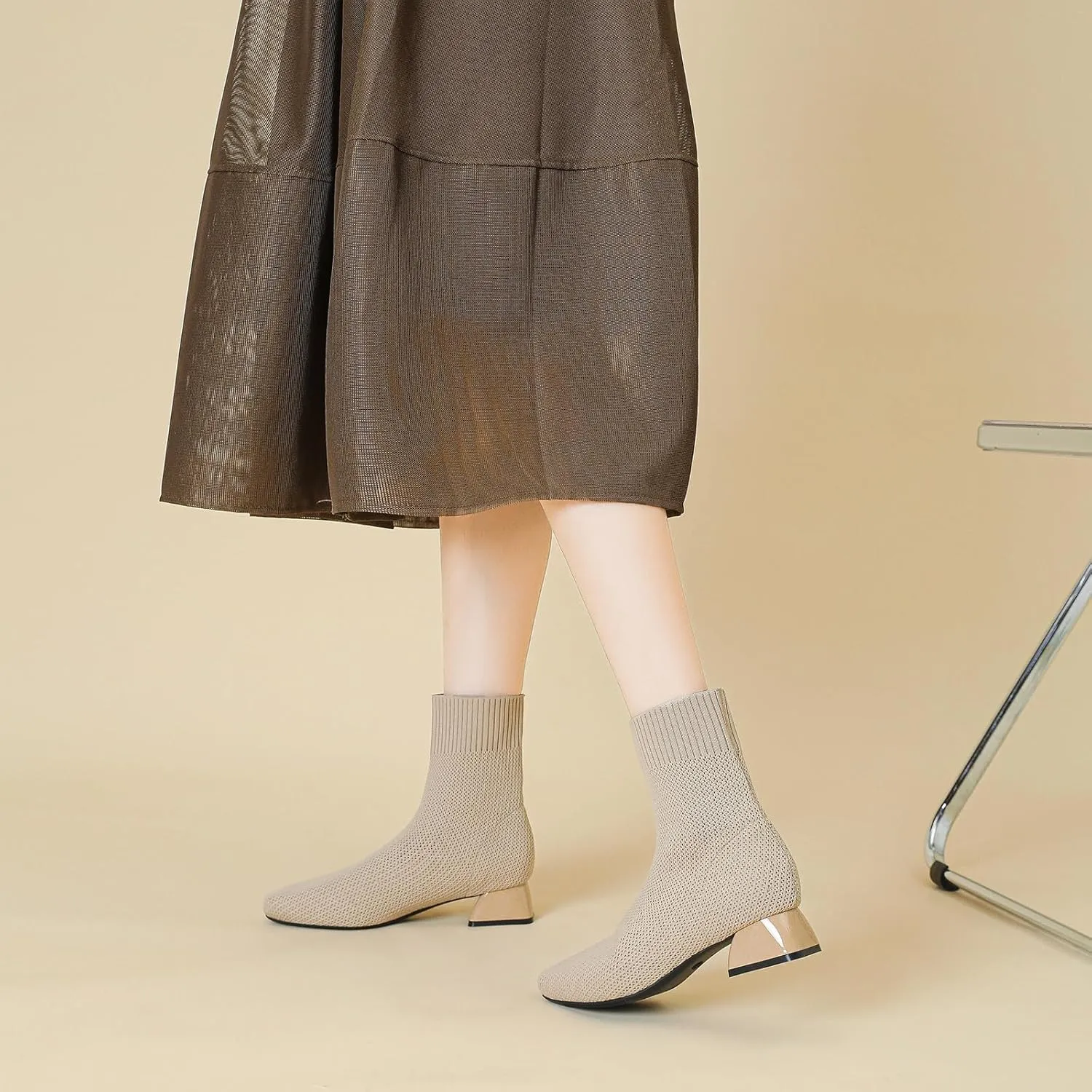 Women's Knit Chunky Block Heel Ankle Boots Fashion Square Toe Elastic Fabric Low Heel Slip On Casual Boots Comfort Breathable Dress Sock Booties