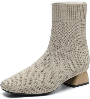 Women's Knit Chunky Block Heel Ankle Boots Fashion Square Toe Elastic Fabric Low Heel Slip On Casual Boots Comfort Breathable Dress Sock Booties