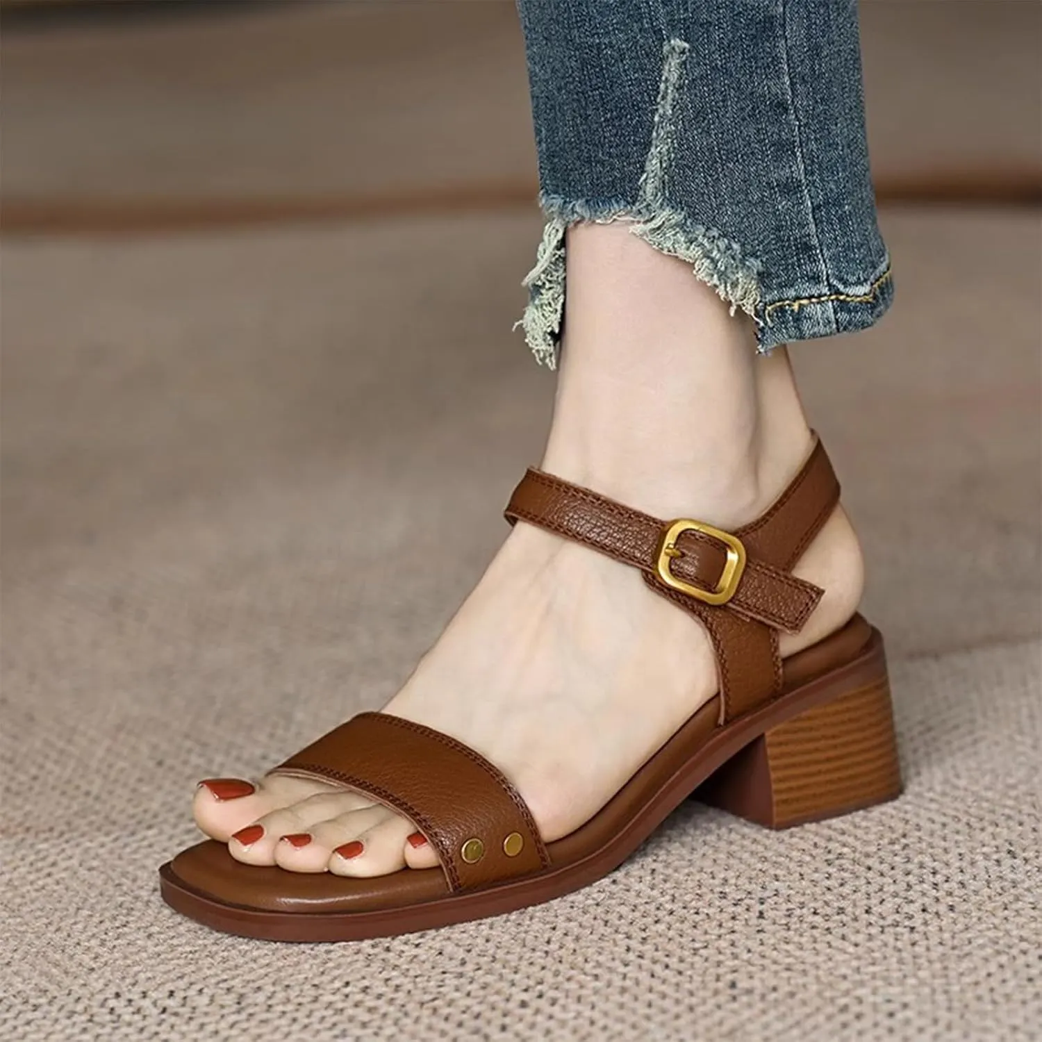 Womens Leather Adjust Ankle Buckle Chunky Heel Sandals Retro Comfortable Square Peep Toe Mid Block Heel Slingback Sandals for Travel Party Dressy