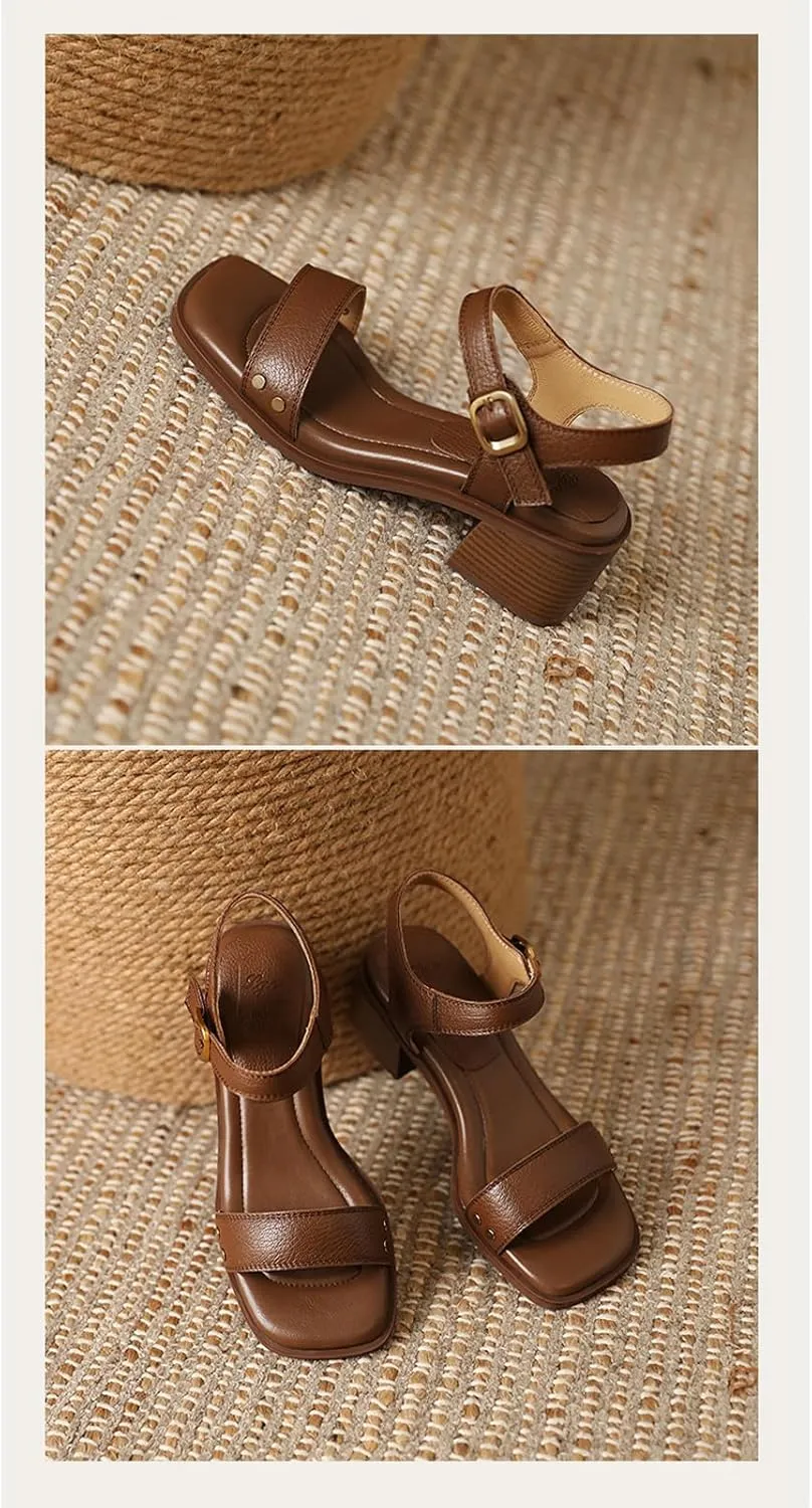 Womens Leather Adjust Ankle Buckle Chunky Heel Sandals Retro Comfortable Square Peep Toe Mid Block Heel Slingback Sandals for Travel Party Dressy