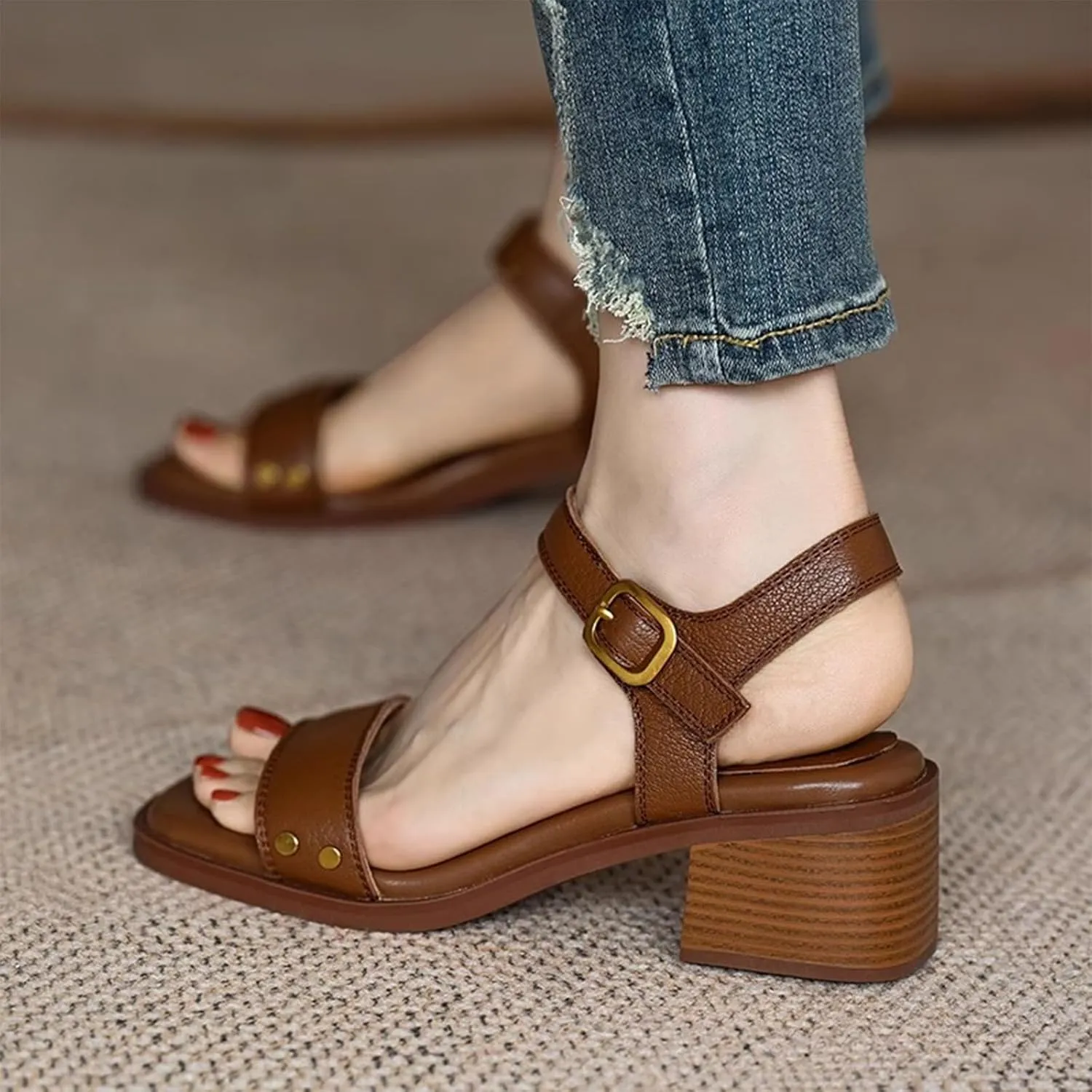 Womens Leather Adjust Ankle Buckle Chunky Heel Sandals Retro Comfortable Square Peep Toe Mid Block Heel Slingback Sandals for Travel Party Dressy