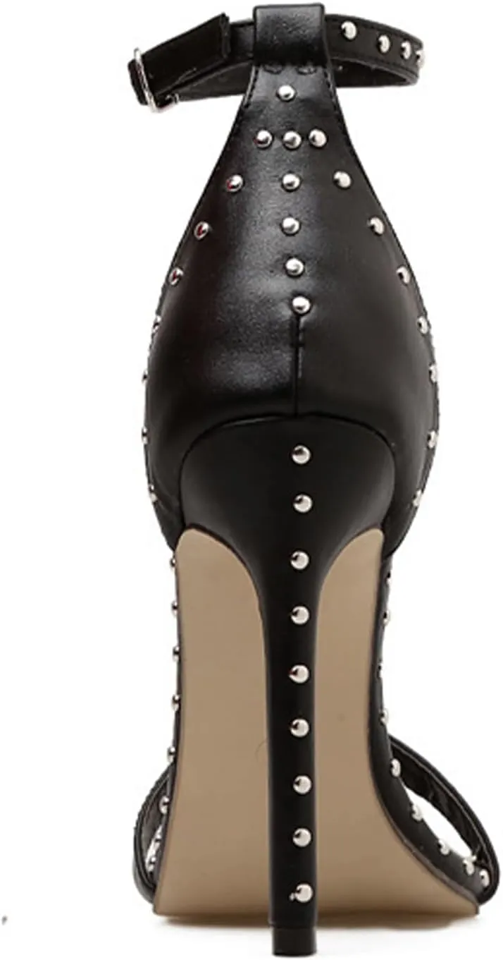 Women's Leather Open Toe Ankle Strap Buckle Stiletto High Heel Sandals Round Head Fashion Rivet High Heel Sandals Sexy Strap Sandals