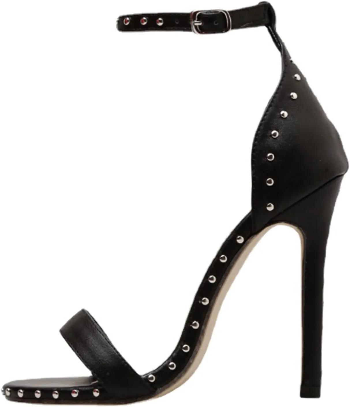 Women's Leather Open Toe Ankle Strap Buckle Stiletto High Heel Sandals Round Head Fashion Rivet High Heel Sandals Sexy Strap Sandals