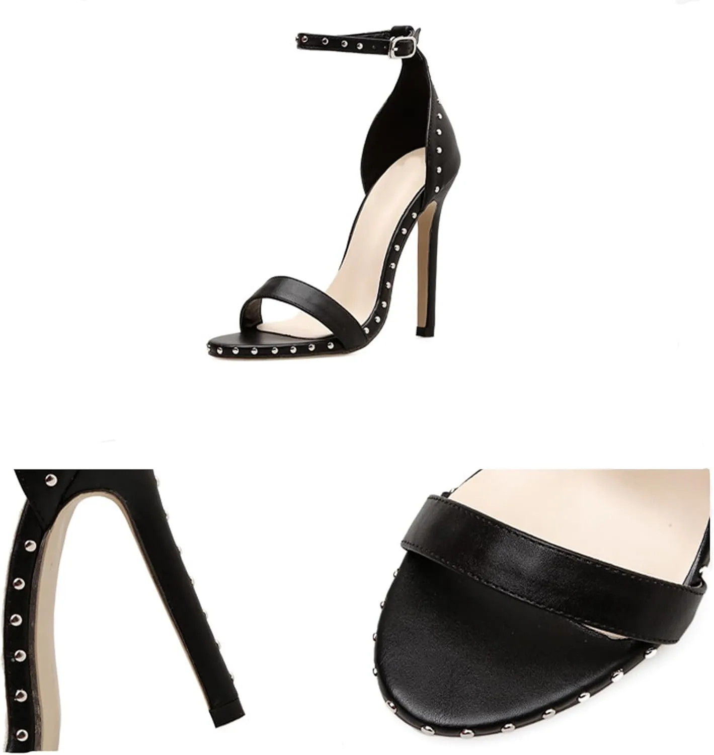 Women's Leather Open Toe Ankle Strap Buckle Stiletto High Heel Sandals Round Head Fashion Rivet High Heel Sandals Sexy Strap Sandals