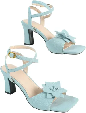 Women's Light Blue Faux-Suede High-Heel Sandals | Square-Toe Ankle Strap Pumps with 3D Flower Detail | Thick Heel Party Date Shoes | 2025 Trendy Elegant Dress Heels