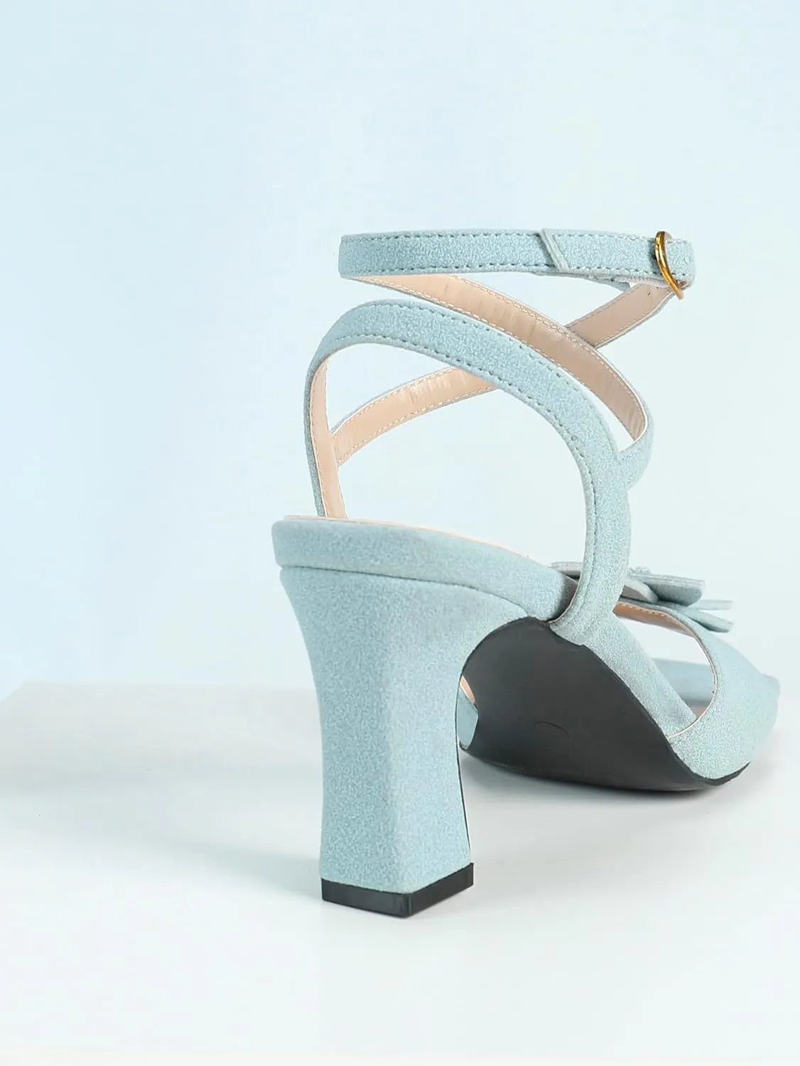 Women's Light Blue Faux-Suede High-Heel Sandals | Square-Toe Ankle Strap Pumps with 3D Flower Detail | Thick Heel Party Date Shoes | 2025 Trendy Elegant Dress Heels