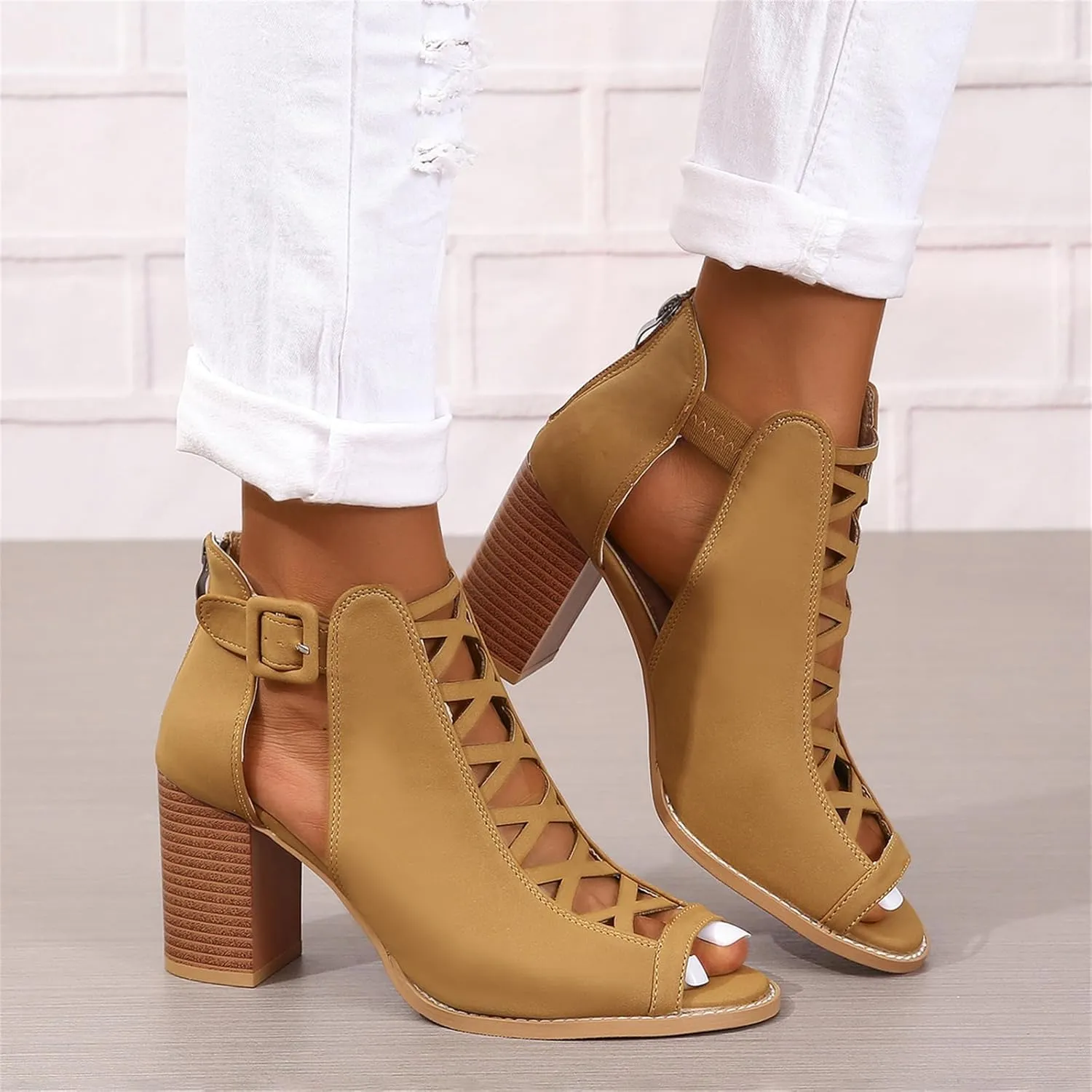 Womens Peep Toe Booties Chunky Heeled Sandals Back Zipper Cutout Dressy Sandals with Adjustable Ankle Strap Buckle