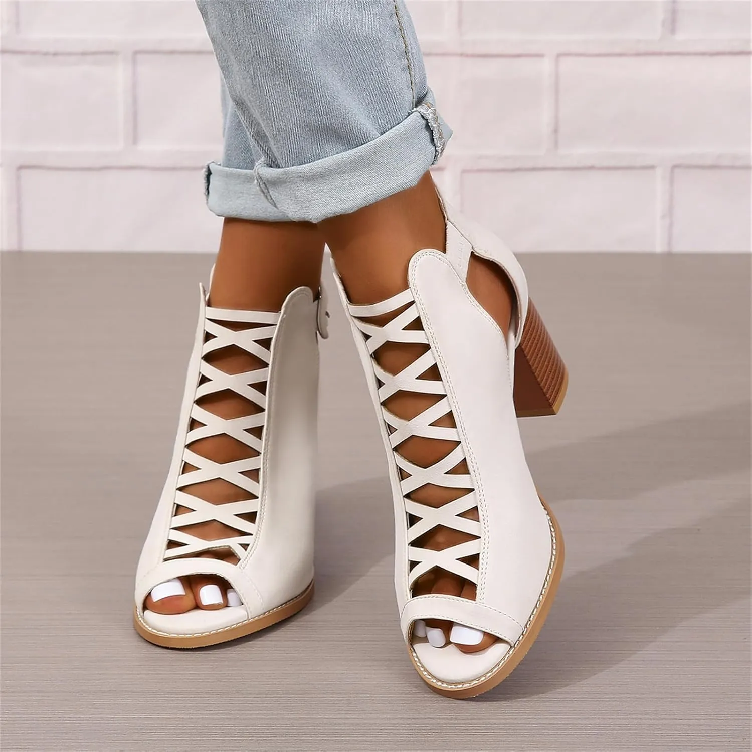 Womens Peep Toe Booties Chunky Heeled Sandals Back Zipper Cutout Dressy Sandals with Adjustable Ankle Strap Buckle