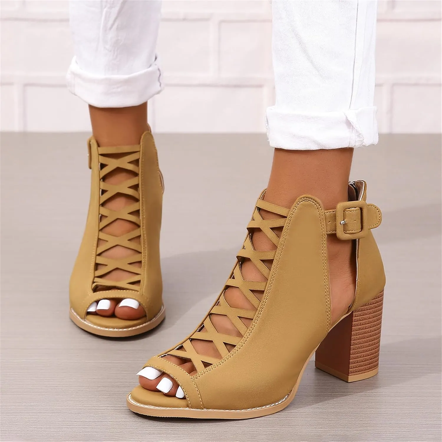 Womens Peep Toe Booties Chunky Heeled Sandals Back Zipper Cutout Dressy Sandals with Adjustable Ankle Strap Buckle
