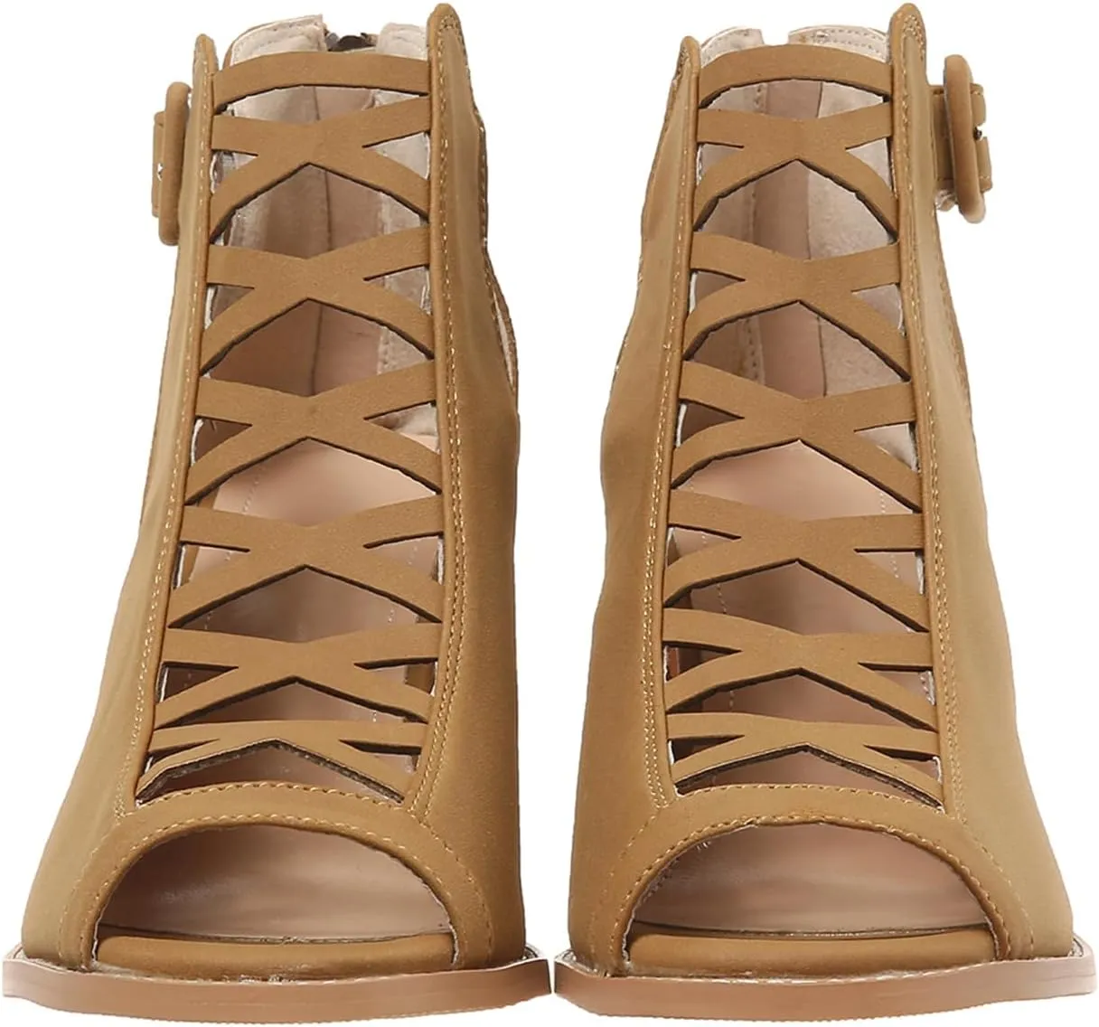 Womens Peep Toe Booties Chunky Heeled Sandals Back Zipper Cutout Dressy Sandals with Adjustable Ankle Strap Buckle