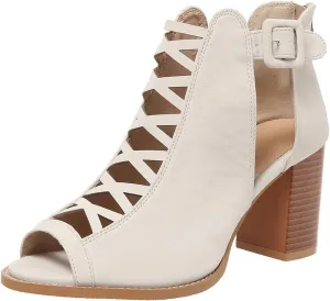 Womens Peep Toe Booties Chunky Heeled Sandals Back Zipper Cutout Dressy Sandals with Adjustable Ankle Strap Buckle