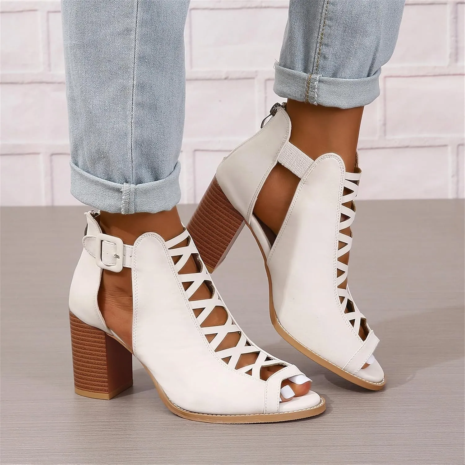 Womens Peep Toe Booties Chunky Heeled Sandals Back Zipper Cutout Dressy Sandals with Adjustable Ankle Strap Buckle