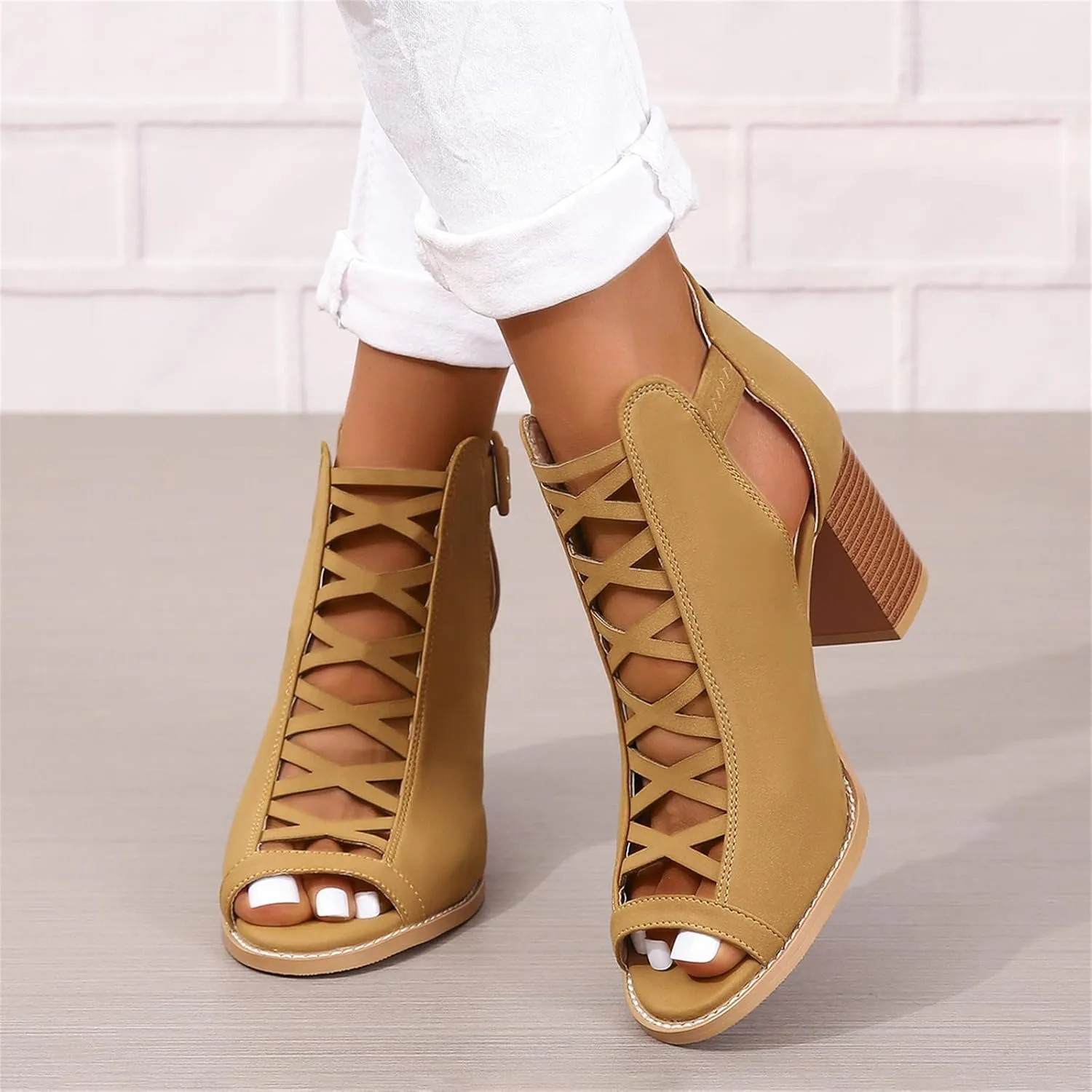 Womens Peep Toe Booties Chunky Heeled Sandals Back Zipper Cutout Dressy Sandals with Adjustable Ankle Strap Buckle
