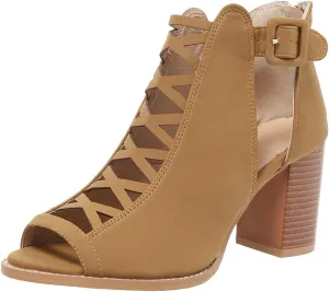 Womens Peep Toe Booties Chunky Heeled Sandals Back Zipper Cutout Dressy Sandals with Adjustable Ankle Strap Buckle